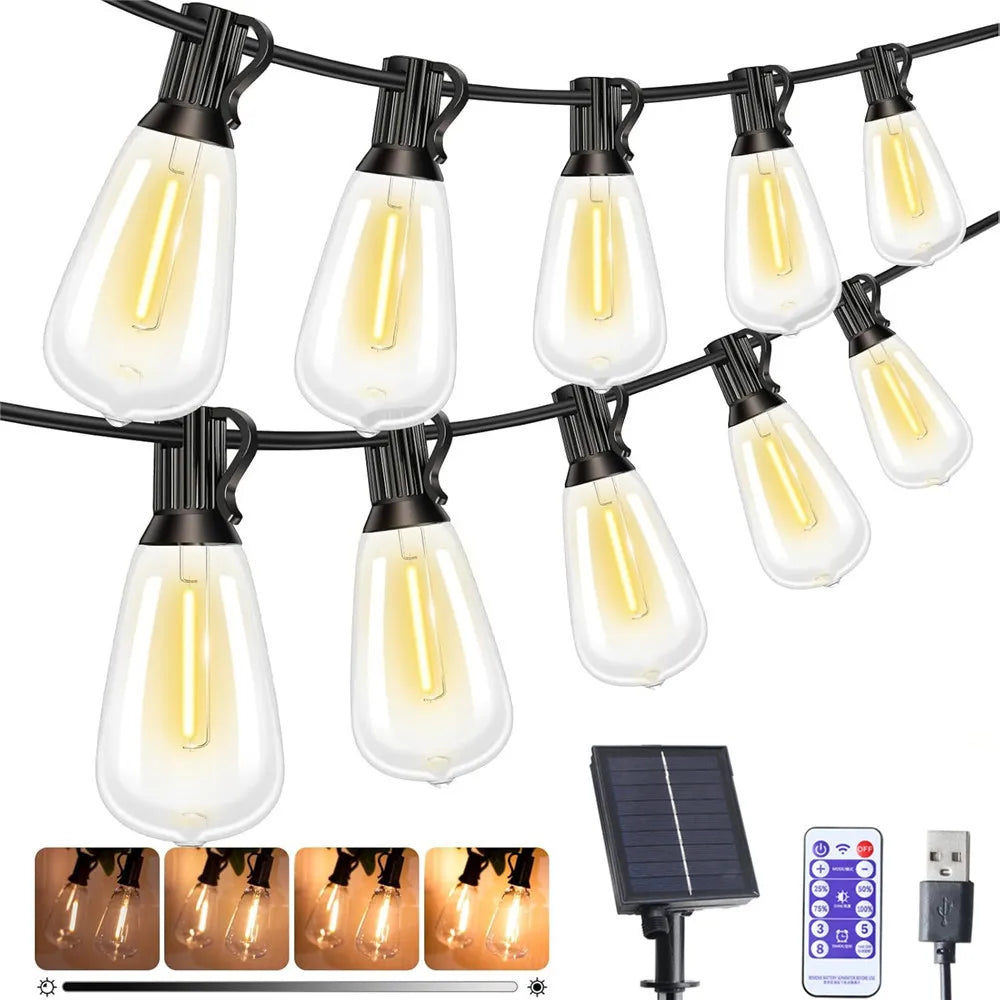 Esjay Lighting | LED ST38 Solar String Lights for Outside, USB & Solar Dual Charging Outdoor String Lights for Porch Garden Camping