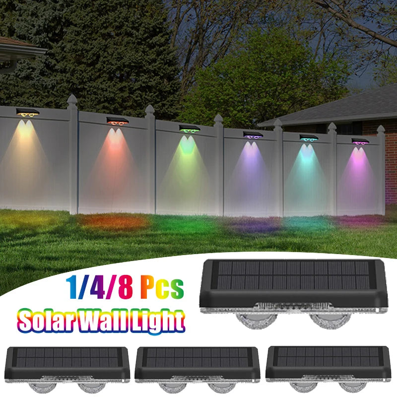 Esjay Lighting | 1/4/8Pcs Solar Wall Lamp RGB and 3Color Lighting Solar Fence Lights Outdoor IP65 Waterproof for Courtyard Decoration Lights