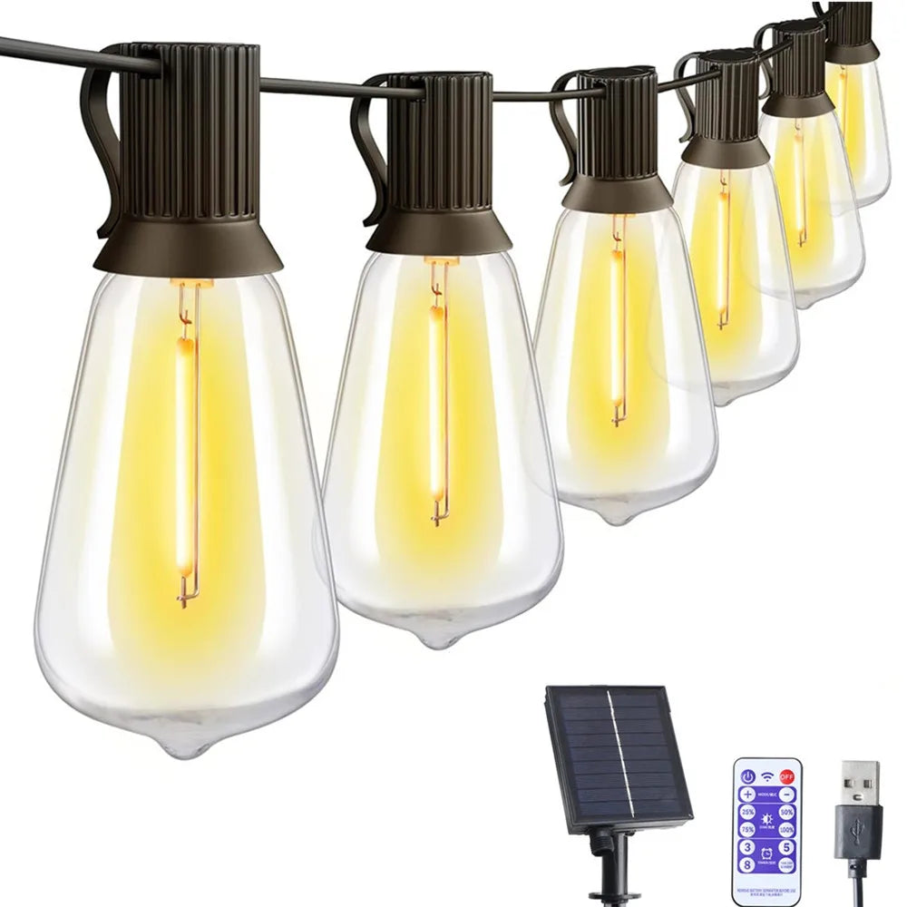 Esjay Lighting | LED ST38 Solar String Lights for Outside, USB & Solar Dual Charging Outdoor String Lights for Porch Garden Camping