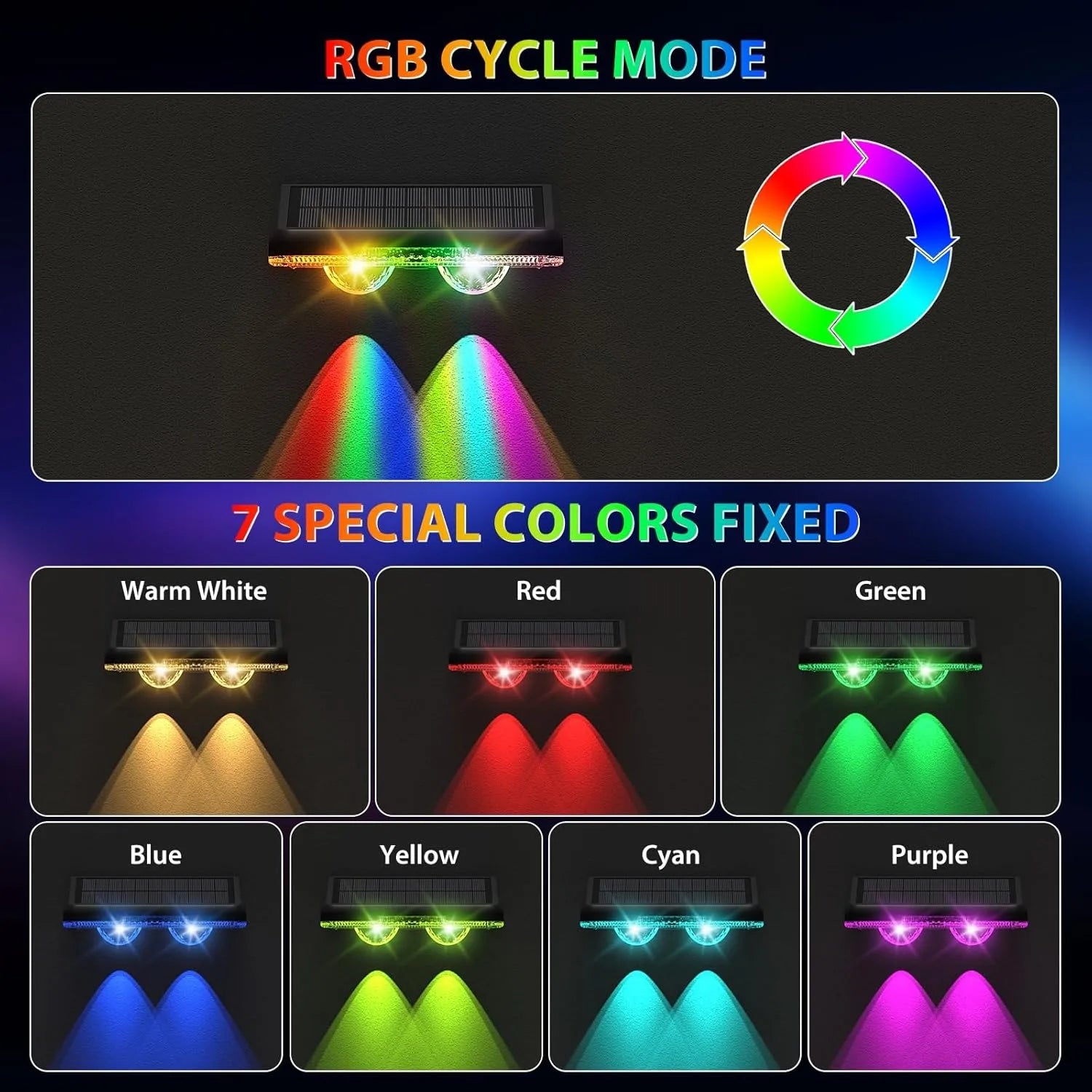 Esjay Lighting | 1/4/8Pcs Solar Wall Lamp RGB and 3Color Lighting Solar Fence Lights Outdoor IP65 Waterproof for Courtyard Decoration Lights
